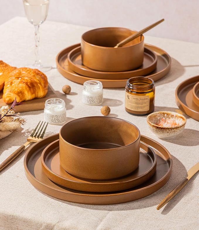 LERATIO Stoneware Dinnerware Sets for 4,12-Piece Matte Plates and Bowls Set | Handmade High Edge Rim Dish Set,Oven & Microwave,Dishwasher Safe,Scratch Resistant--Caramel
