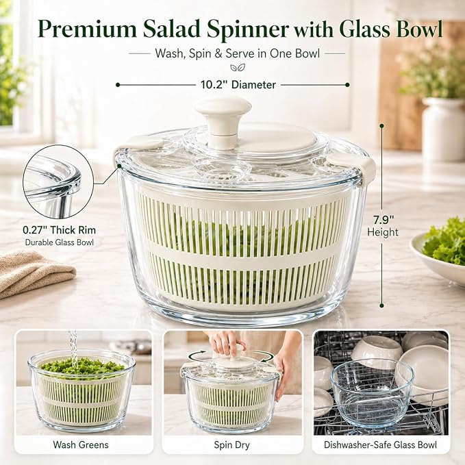 Large 5.2 Qt Glass Salad Spinner with Drain, Off-White | Microwave- and Dishwasher-Safe Glass Bowl, Transparent Lid, Crank Handle, Quick-Spin Salad Cleaner for Lettuce, Herbs Fruit
