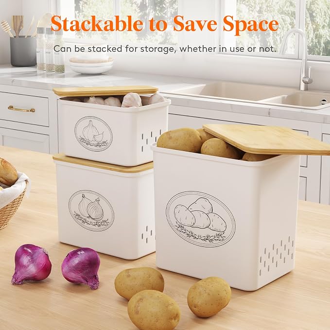 Lifewit Plastic Potato and Onion Storage Bin Box, Set of 3, White | Stackable Garlic Keeper, Vegetable Container Box, Aerating Holes & Lid for Pantry Countertop