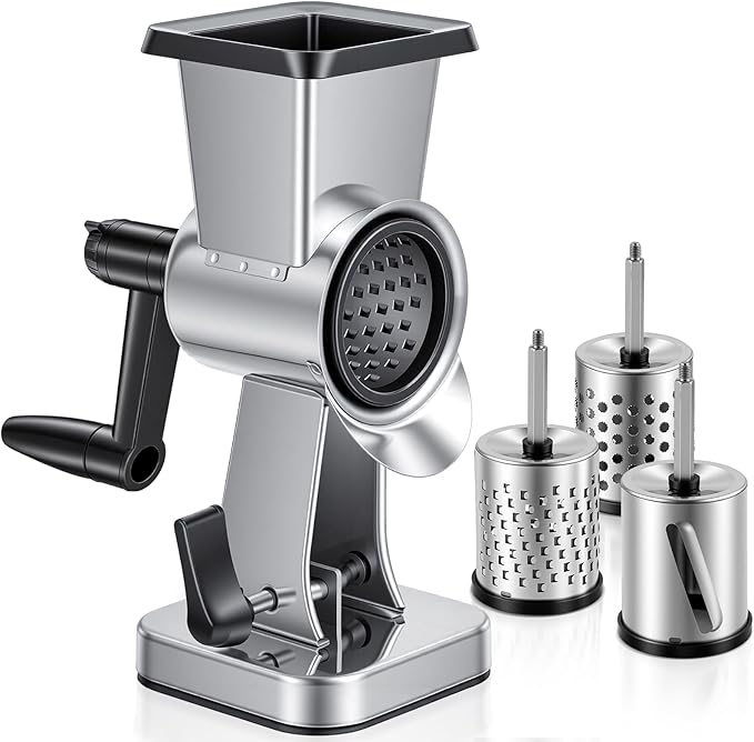 Rotary Cheese Grater Stainless Steel Manual Cheese Shredder Grater Walnuts Grinder with 3 Interchangeable Drum Blades for Chocolate, Cheese and Nuts