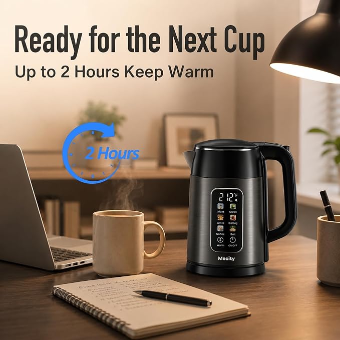 Mecity Electric Kettle 1.7L Touch Screen Temperature Control Water Boiler, No Plastic Contact with Water. 6 Preset Temperature Programs, 2 Hours Keep Warm, Auto Shut Off, Dark Grey