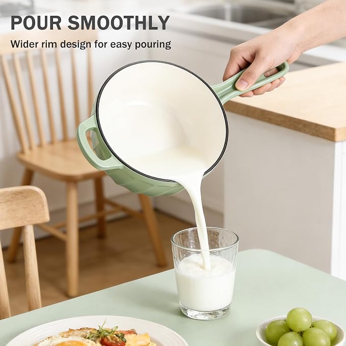 1 Quart Saucepan with Lid, Enameled Cast Iron Sauce Pan, Heavy Duty Small Pots for Cooking Pasta Sauce, Soup, Milk, Oven Safe up to 500°F (Fig Green)