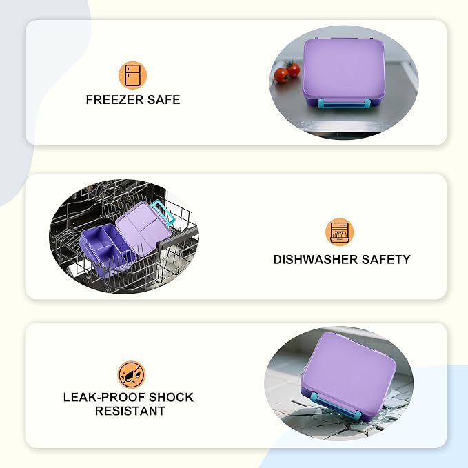 Bento Lunch Box for Kids with Thermo, Leakproof Bento Box with 8oz Insulated Food Jar, Insulated Bottle, Lunch Bag, BPA Free Dishwasher Safe 4 Compartment Container for School Girls Boys (Purple)