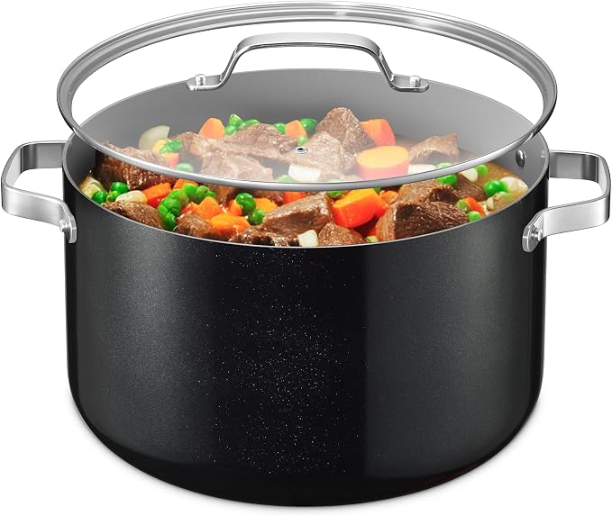 Bakken 16 Quart Ceramic Coated Stock Pot with Lid, Easy Clean Nonstick Pot, Tempered Glass Lid, Riveted Stainless Steel Handles, Oven Safe Up To 500°F, PTFE & PFAS Free, All Stove Compatible, Black