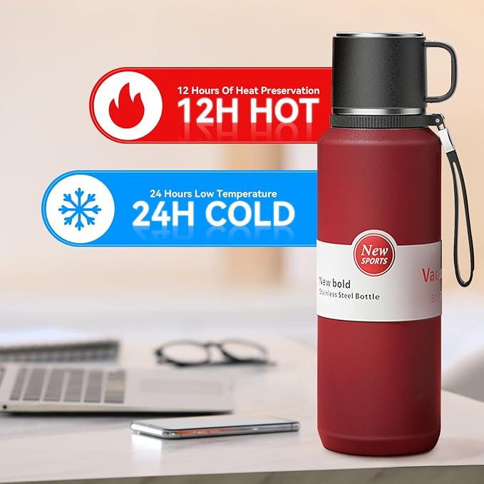 Stainless Steel Insulated Tea Infuser Bottle, Vacuum Insulated Water Bottle, Tea Tumbler with Separate Tea Compartment, 24-Hrs Insulation Commute Travel (Red,32oz/1000ml)