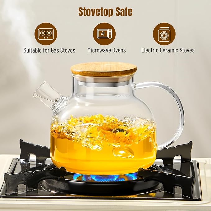 PARACITY Glass Teapot Stovetop 20 OZ/600ml, Borosilicate Clear Tea Kettle with Bamboo Lid, Glass Tea pot with Removable Filter Spout, Teapot Blooming and Loose Leaf Tea Maker Tea Brewer for Camping | 18/8 stainless steel tea infuser/strainer; borosilic...