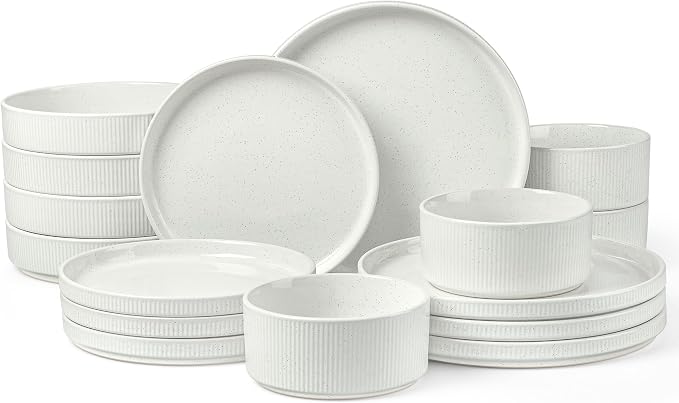 LIANYU 24 Piece Dinnerware Sets with Double Bowls, Ceramic Plates and Bowls Set for 4, Ribbed Stoneware Dishes for Home Kitchen, Microwave and Dishwasher Safe, Speckled White