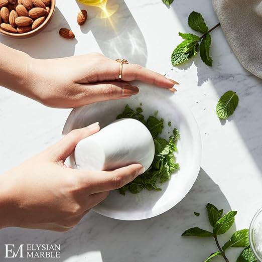 Mortar and Pestle Set, White Marble 5.5 Inch Wide Shallow Mortar with Pestle, Manual Spice Grinder for Herbs, Garlic, Ginger, Pesto, Guacamole, Salsa and Fresh Seasoning