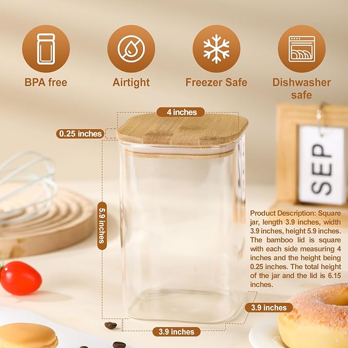 3-Pack Square Glass Jars with Bamboo Lids, 32oz Food Storage | 32oz Airtight Canister Set, Clear Glass Storage Containers with Lids for Candy, Coffee, Tea, Sugar, Flour, Cookies, Spices