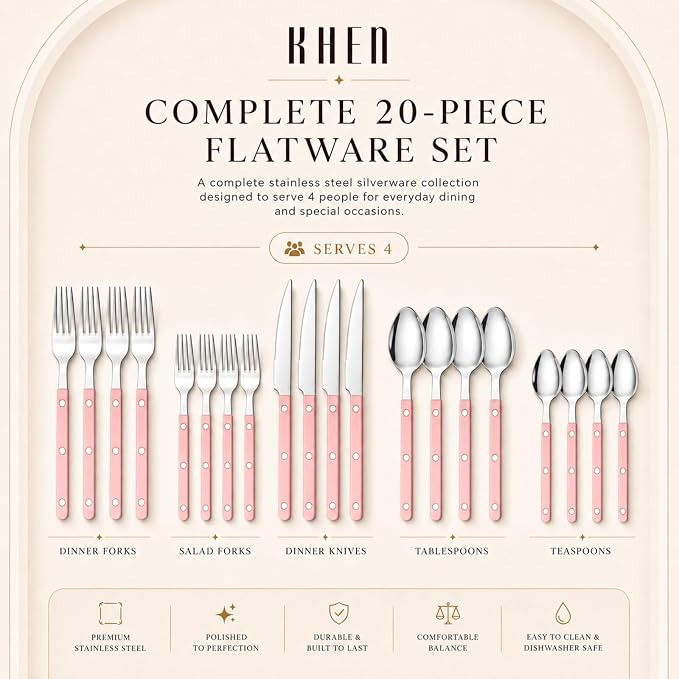 Khen Cutlery Set of 20 Pieces, 18/8 Stainless Steel Flatware, Modern Silverware for Home, Kitchen, Dining & Table Setting for 4, Dishwasher Safe, Lightweight & Ergonomic Design Gift - Pink