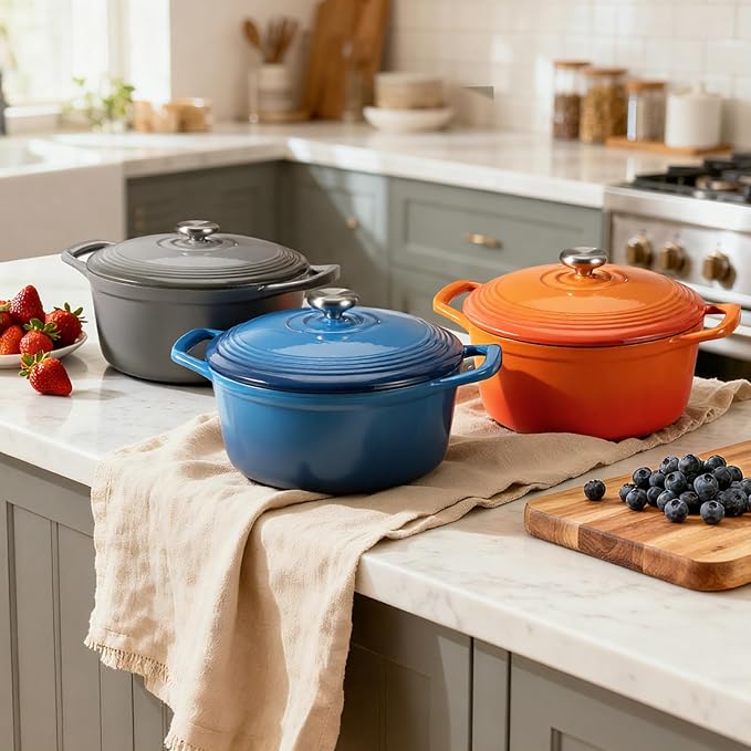 Overmont Enameled Cast Iron Dutch Oven - 5.5QT Pot with Lid Cookbook & Cotton Potholders - Heavy-Duty Cookware for Braising, Stews, Roasting, Sourdough Baking Blue
