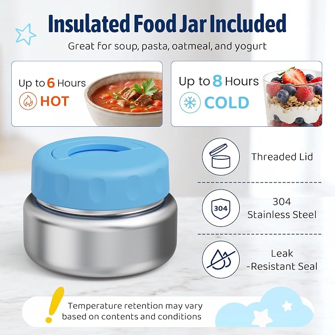 Bento Box for Kids with Thermo Food Container (9oz), 4-Compartment Lunch Box, Adjustable Divider, Leakproof Bento Lunch Box, Includes Utensils & Carry Bag for School, Office(Blue)