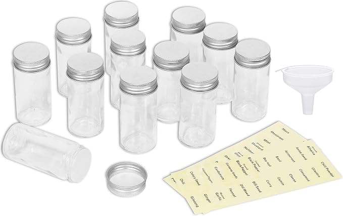 Simple Houseware Spice Jars 3-oz Round Glass Bottles, 12 Pack | 3 Ounce, with Shaker Lids, Funnel and Labels for Seasoning & Storage