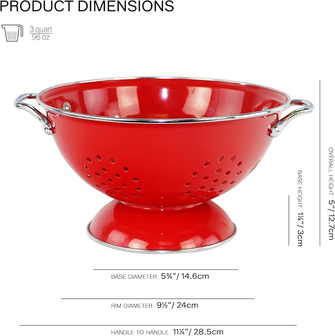Reston Lloyd, 3 Quart Powder Coated Steel Kitchen Strainer Basket for draining Pasta, Vegetable and Fruit, Chrome Handles and Wide Stable Base, Red