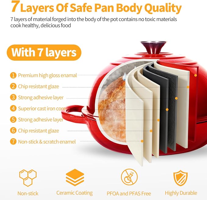 6QT Enameled Cast Red Iron Dutch Oven For Sourdough Bread Baking | Dutch Oven Pot With Lid,Non-stick Sourdough Baking Pan with Bread Dome,Round Ceramic Dutch Oven Pot for Homemade