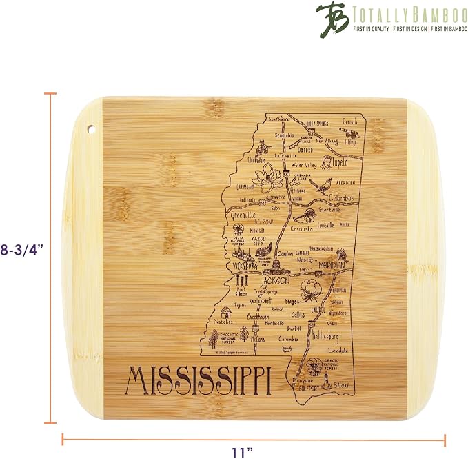 Totally Bamboo A Slice of Life Mississippi Engraved Map Cutting Board | 11” x 8.75” charcuterie board with engraved state map artwork. Smooth reverse side for food prep. Hang tie for wall display.