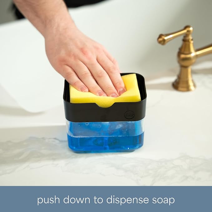 S&T INC. Dish Soap Dispenser and Sponge Holder, Matte Black | Holds 13 Fluid Ounces, Sponge Included, Anti-Slid Feet, Push to Dispense Perfect Amount of Dish Soap