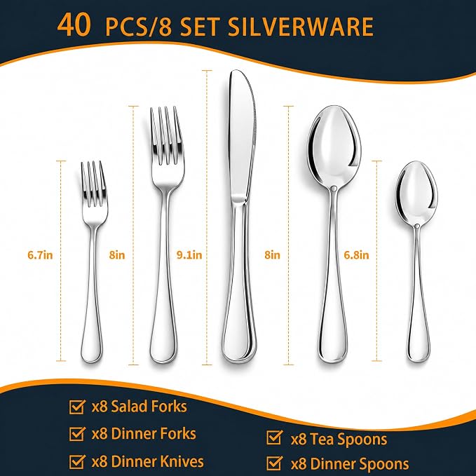 NICE KITCHEN Silverware Set, 40 Piece Stainless Steel Cutlery Sets for 8 | Heavy Duty Flatware, Mirror Polished Forks Spoons and Knives Set, Reusable Utensils for Home Kitchen, Dishwasher Safe