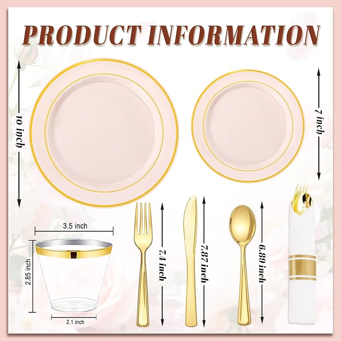 350PCS Pink Disposable Plates - Pink Plastic Plates 50Guests Plastic Dinnerware Sets with Rolled Napkins for Wedding/Birthday/Baby shower