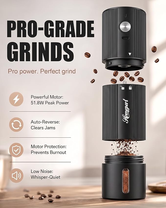 High-Speed Electric Burr Coffee Grinder, Stainless Steel Burrs, Black | Cordless Coffee Mill with 1600mAh Rechargeable Battery, 40 Settings for Pour-Over to Espresso, Portable for Camping, Travel