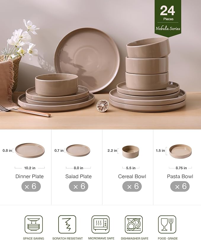Famiware Nebula 24-Piece Dinnerware Set with Pasta Bowls, Cinnamon Brown | Stoneware Plates and Bowls, Service for 6 - Chip & Scratch Resistant, Microwave & Dishwasher Safe