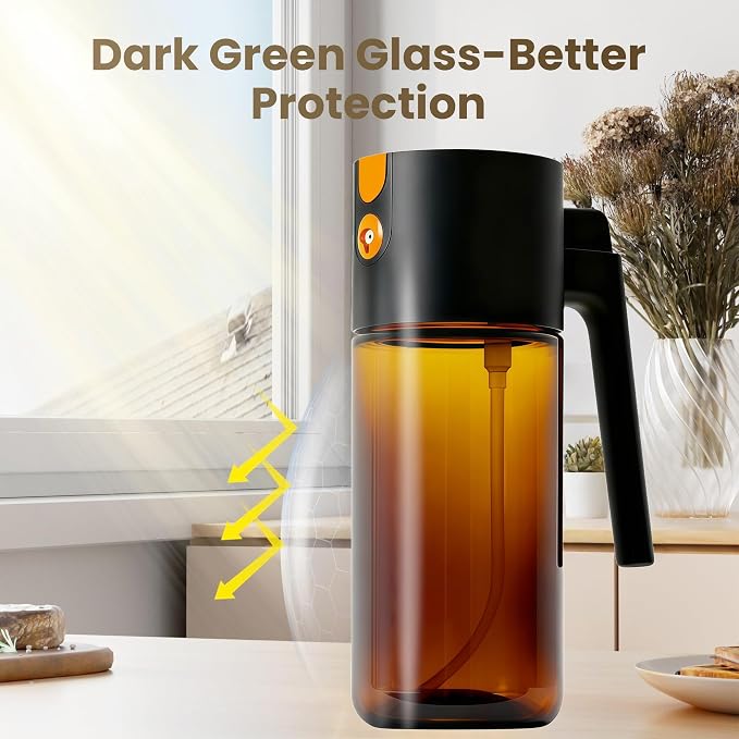 17oz/500ml Leak-Proof Glass Olive Oil Sprayer for Cooking, Fine Mist & Pour | 2 in 1 Oil Dispenser and Sprayer, Switch Between Fine Mist & Precision Pour for Air Fryer, BBQ, Salad, Baking - Black