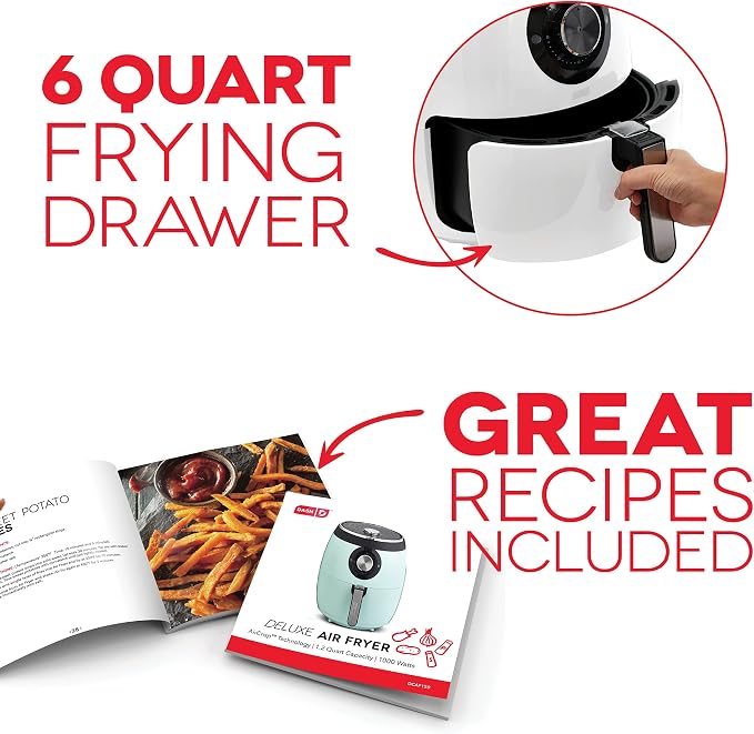Dash Deluxe Air Fryer - Adjustable Temperature Control & Auto Shut-Off Feature - AirCrisp® Technology - Spacious Nonstick Basket - 1700 Watt - 6 Quarts - White
