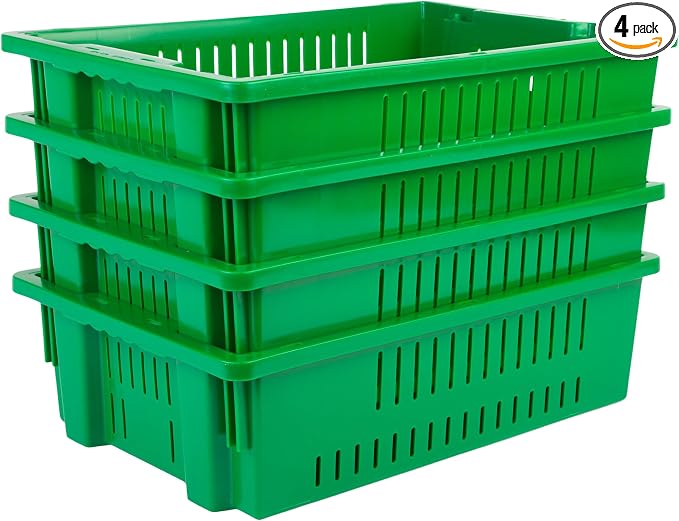 Hudson Exchange 20 x 13 x 5.6" (4 Pack, 4.5 Gallon) Agricultural Nest and Stack Vented Crate Handled Storage Container Tote, Green