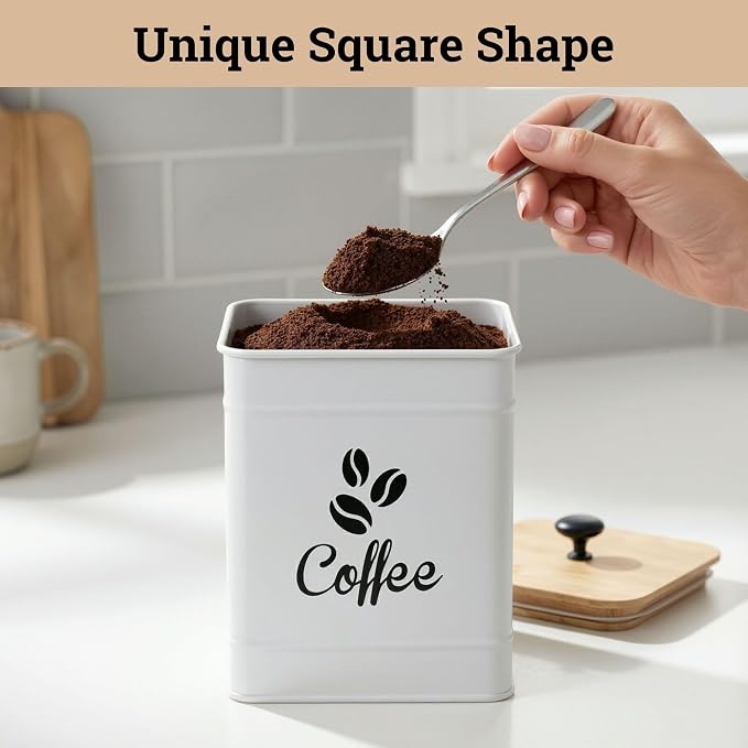 Airtight Coffee Canister 40 oz, 6"x 8" Metal Jar w/ Rubber-Lined Bamboo Lid | 40oz Large Iron, Airtight Coffee Container, Bamboo Lid, Stylish Countertop Container for Coffee Grounds, Beans, Pods & More