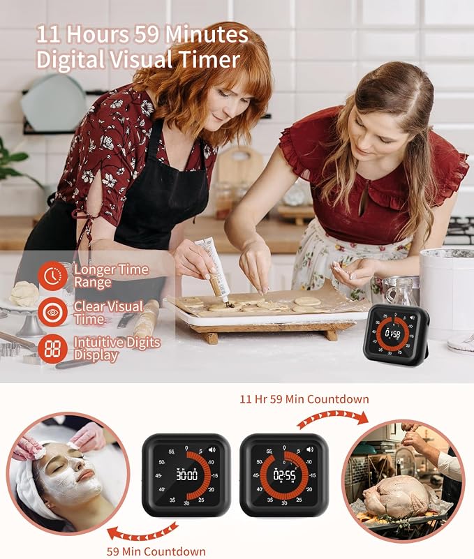 Digital Magnetic Visual Kitchen Timer, Up to 11H 59M Countdown & Count Up | USB-C Rechargeable, Large VA Display, Adjustable Volume and Brightness, Memory Recall Function for Kitchen, Classroom, Study