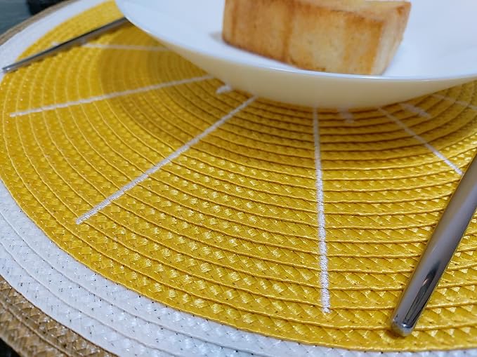Zupro Round Lemon Yellow Placemats Set of 4 Braided 15" Indoor/Outdoor Use | Embroidery Motif Heat Resistant Non-Slip Washable,for Kitchen Dining Tables Dinner Parties holiday and Everyday Use