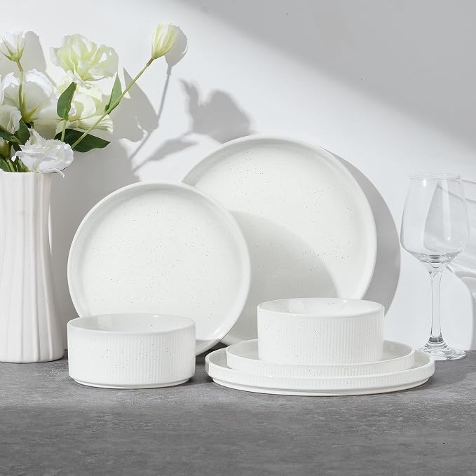 E-far Stoneware Dinnerware Sets for 2, 6-Piece Plates and Bowls Sets, White | Plate Set for 2, Chip & Scratch Resistant Ribbed Dish Set for Home Restaurant, Microwave & Dishwasher Safe, Speckled White