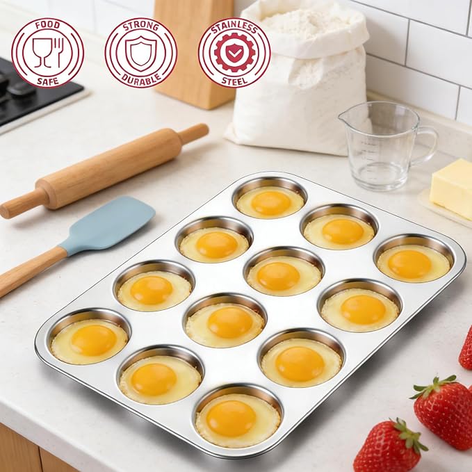 E-far 12-Cavity Muffin Top Pan, Stainless Steel Shallow Cupcake Pan for Yorkshire Pudding, Eggs, Whoopie Pie, Cornbread, Non-toxic & Dishwasher Safe