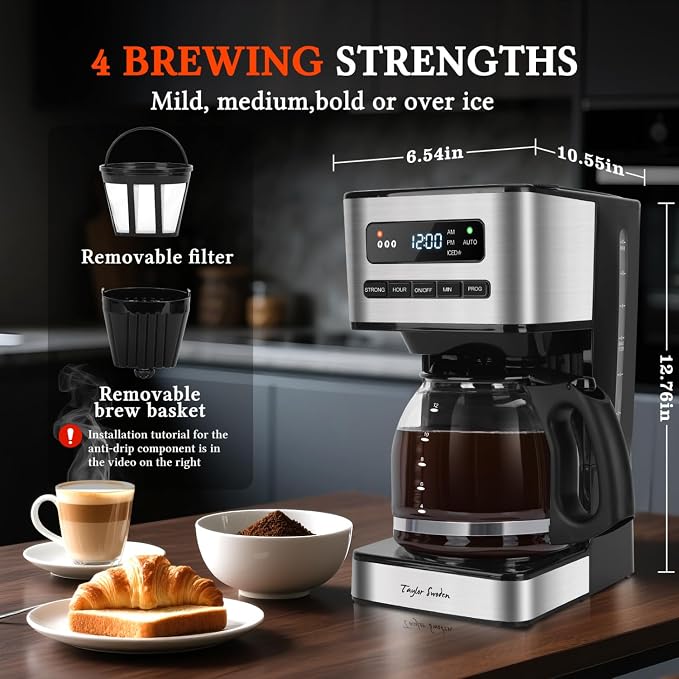 Taylor Swoden Programmable Coffee Makers 12 Cup, Black &Stainless Steel | Hot and Iced Coffee Maker, 4 Brew Strength, LED Display, 24H Timer, Keep Warm&Auto Shutoff- Drip Coffee Machine for Home