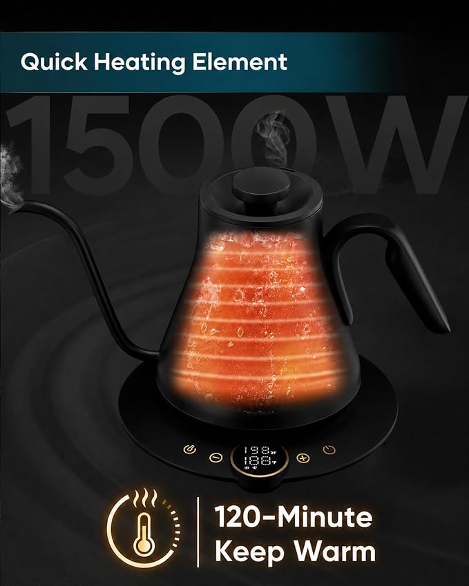 INTASTING Gooseneck Electric Kettle with ±1℉ Temperature Control 0.9 Liter | 1500W Quick Heating, Stainless Steel Inner, Pour Over Coffee & Tea, Keep Warm, Auto Shut-Off, Built-in Brew Timer, Black