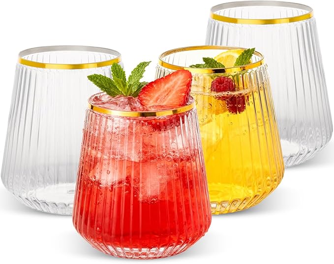 Goodluck 120 Pack 12oz Stemless Ribbed Plastic Wine Glasses Gold Rim | Clear Cups Fancy Reusable Disposable Drinkware for Weddings, Parties, Bars, Indoor and Outdoor Events