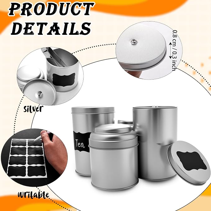 12 Pack Airtight Tea Tin Canisters Silver Metal Tea Storage Containers with Double Lids Includes 10 Labels 1 White Marker 6 Spoons and 6 Tongs for Loose Leaf Tea Coffee Sugar Spices, 2 Sizes