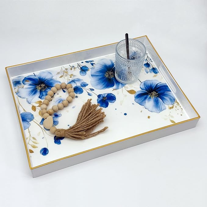Serving Tray with Handles, 15.7 * 11.8 inches, Plastic Ottoman Tray with Exquisite Paintings, Trays for Coffee Table