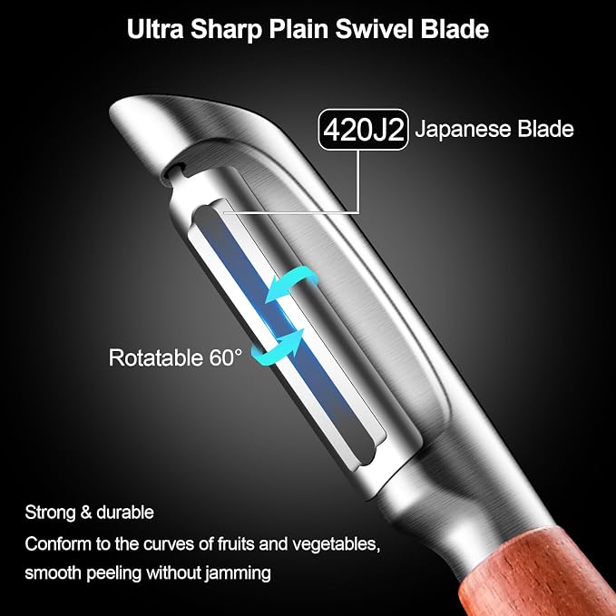 Vegetable Peeler Stainless Steel, Premium Potato Peelers for Kitchen | Ultra Sharp 420J2 Stainless Steel Rotary Blade, Ergonomic Real Wood & Non-Slip Handle, Fruit Veggie Peeler, I Shaped Peeler