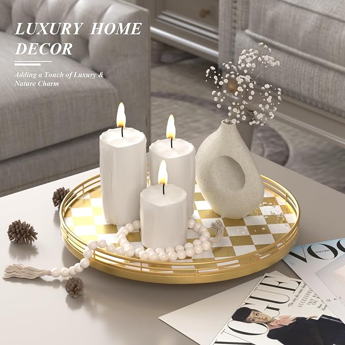 AMH 13-Inch Gold and White Checkerboard Lazy Susan with Rubberwood Base | Smooth rotating oak tray with walnut finish for dining tables, kitchen counters, pantries and cabinet storage.