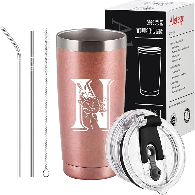 Letter N Insulated Travel Cup with Lid, Personalized Initial Mugs for Women, Letter N Gift Coffee Mugs for Women, Wife, Mom, Grandma, Bridal Shower Gifts, 20 OZ Rose Gold Two Lids