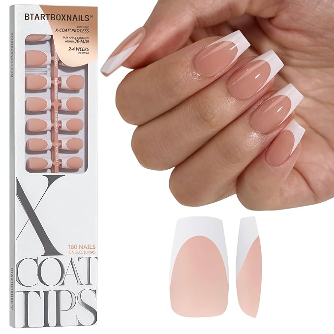 BTArtboxnails XCOATTIPS White French Tip Press On Nails, S Coffin, Peach | Lamp-Curable, 4-Week Wear, Natural Nail Look, Salon Quality Value at Home, Easy-to-Apply for Beginners, 160ct Nail Tips Only