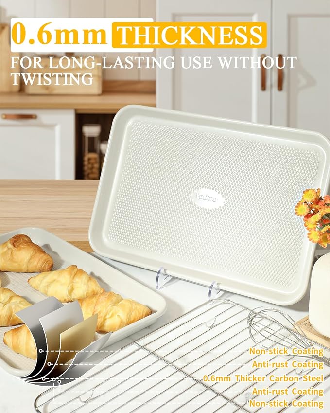 2-Pack 9x13 Quarter Sheet Pan Baking Sheet Set with Wire Rack - Nonstick 0.8mm Carbon Steel, Cookie Sheets for Baking, Non-Toxic, Dishwasher Safe, Oven Safe 450°F (External 9.5x13.6)