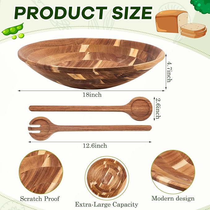 Geiserailie Extra Large 18 Inch Acacia Wood Salad Bowl Set Wooden Serving with Serving Utensils Oversized All Purpose Bowl for Fruits Salad Kitchen for Housewarming Wedding Table Display Gift