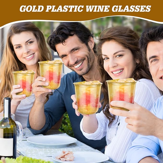 KesaPlan 50Pcs 12oz Gold Plastic Party Cups, Disposable Wine Cocktail Cups | Cute Crystal Wine Stemless Glasses, Round Bottom PET Cold Drink Cups for Graduation Wedding Birthday New Year Meeting Party