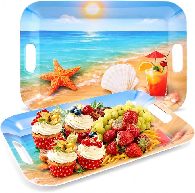 2 Pcs Summer Beach Serving Trays with Handles Colorful Beach Party Party Decorations 16 X 11inch Large Melamine Serving Platters for Birthday Baby Shower Hawaiian Tropical Summer Parties Supplies