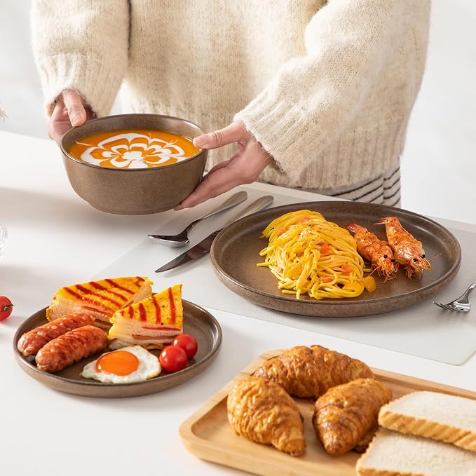 vancasso ZERMATT 18 Pieces Stoneware Dinnerware, Plates and Bowls Set for 6 | Dinnerware Set for 6 in Muted Brown Reactive Glaze Stoneware, Kitchen Dinner Set, Microwave and Dishwasher Safe