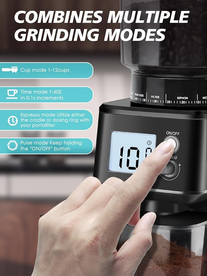 Homtone Conical Burr Espresso Coffee Grinder,51 Precise Settings,Electric Mill with Portafilter Holder, 2-12 Cups Adjustable, Anti-static, Stainless Steel, 120V