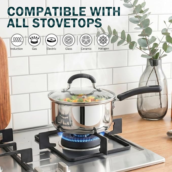 Cook N Home Professional 1 Quart Stainless Steel Saucepan with Lid, Small Kitchen Induction Cooking Sauce Pot Pan, Stay-Cool Silicone Handle, Dishwasher Safe