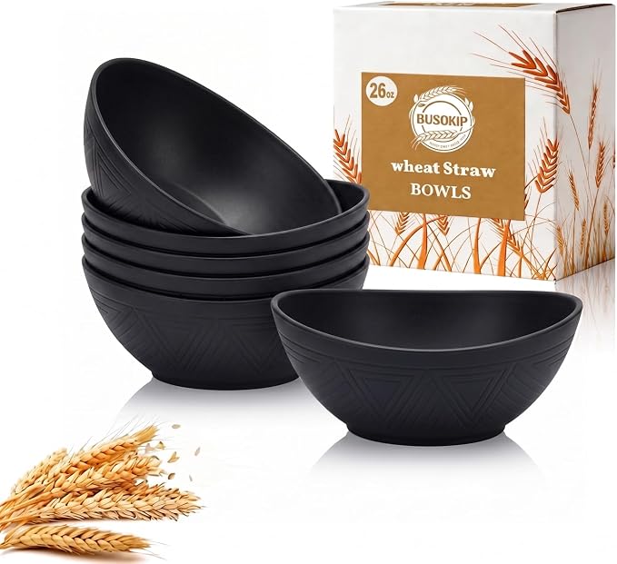 Cereal Bowls Sets of 6, Unbreakable & Lightweight Wheat Straw Bowls 26oz, Alternative to Plastic Bowl for Soup, Fruit, Salad, Microwavable Bowl for Kitchen, Camping, RV, Party - Black